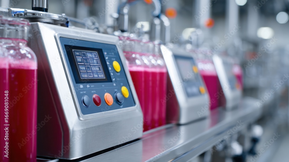 Poster close medium shot showcasing the control panel of a pascalization unit actively processing fruit jui