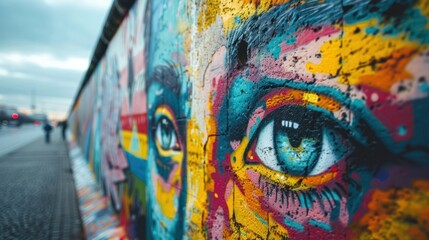 Fototapeta premium Close-up graffiti art on a wall, featuring vibrant eyes. City street in the background