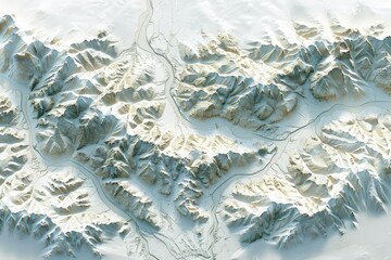 Aerial View of Snowy Mountain Range, River Valley, Winter Landscape, Topographic Map, Geography