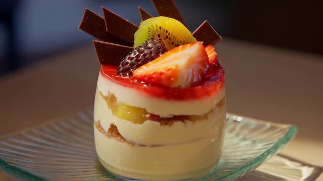 A stunning dessert in a glass features creamy layers topped with fresh fruit and chocolate pieces. This video highlights the vibrant colors, tempting textures, and delightful flavors of an elegant swe