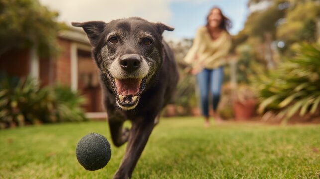 Owner playing fetch with a lively dog in a yard medium shot focusing on the retrieving pet while the environment blurs naturally.