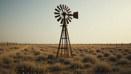 An old, weathered windmill stands tall in a vast, dry field under a clear sky, with a fence line stretching into the distance