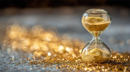 Golden hourglass on a bed of shimmering glitter.
