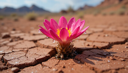 A vibrant pink lotus flower blooms defiantly from cracked, dry earth in a desert landscape, with dew drops clinging to its petals