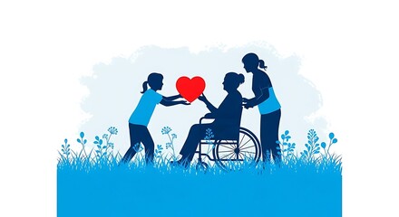 Three people in silhouette, one in a wheelchair, sharing a heart symbol