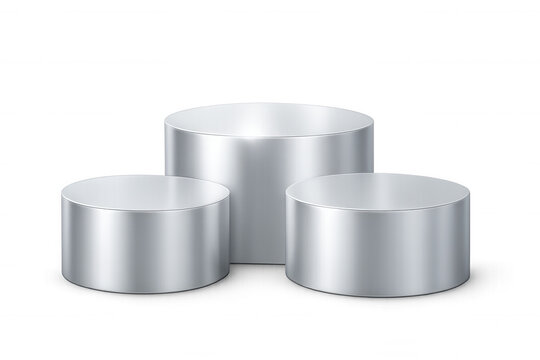 Three round silver podiums standing on a transparent background, perfect for showcasing winners or highlighting products