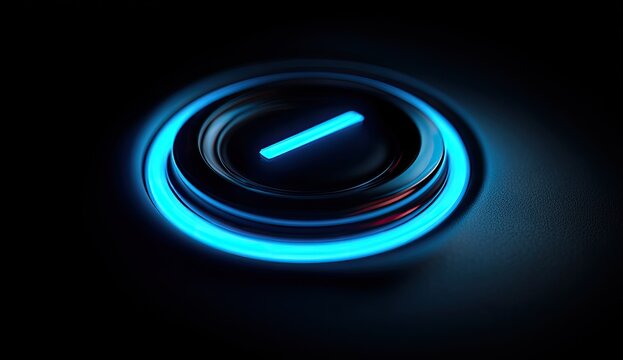 Glowing blue power button, dark background, futuristic interface, technology concept