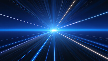 Abstract blue and white light streaks converge towards a bright central light source, creating a sense of speed and motion
