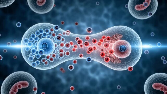 A striking conceptual illustration of adaptable biological cells simultaneously absorbing and releasing oxygen in a dynamic dualenvironment setting visualizing advanced cellular