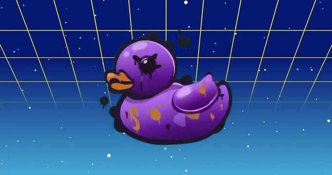 Upon grid appearing, purple rubber duck rotating slowly to reveal paint patterns in digital space