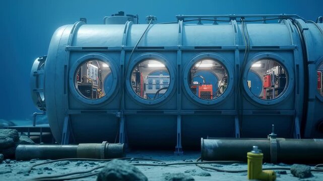 Side view of a hyperbaric welding habitat mockup equipped with viewing ports and access seals for underwater pipeline welding practice.