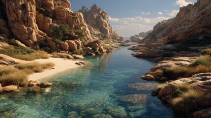 Secluded beach and crystal clear water in rocky cove landscape scenery