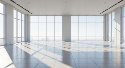 Fototapeta premium A bright, empty room with large windows and a tiled floor.