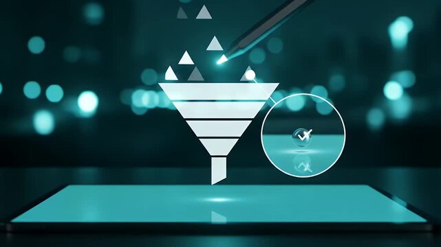 Residual funnel triangles calm as a bead pops and a magnifier isolates the lower region, delivering a moody teal governance cue that stays strictly textless
