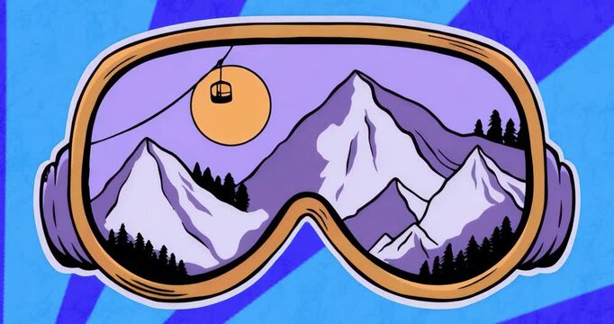 Looping animation shifting background, gondola oscillating through ski-goggles showing alpine scene