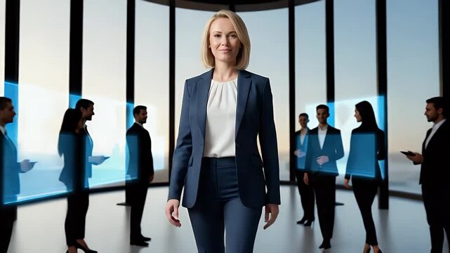 Poised for Success: A confident woman strides forward in a modern office setting, her determined gaze reflecting leadership, surrounded by her supportive team, symbolizing the essence of ambition.