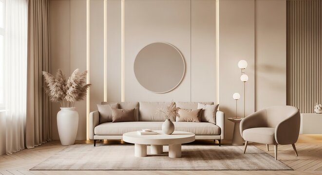 A contemporary and warm living room design in various shades of beige, highlighted by vertical illuminated panels on the wall, a large circular mirror, a modern sofa, and a stylish floor lamp with mul