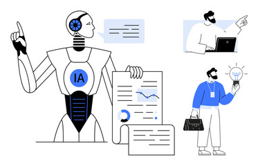Robot presenting data charts alongside two professionals, one analyzing on a laptop, another holding a bright idea. Ideal for AI, teamwork, innovation, data visualization, tech collaboration, future