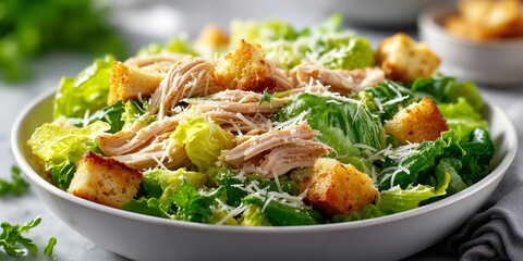 A white bowl filled with a salad topped with chicken and croutons