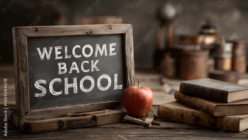 Poster classroom scene with desks books apple and welcome bck to school message on th chalkboard