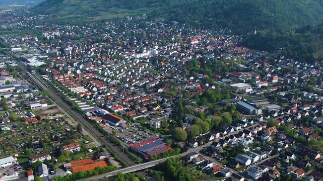 Aerial view around the old town of the city Rohrbach, Germany on a sunny spring day