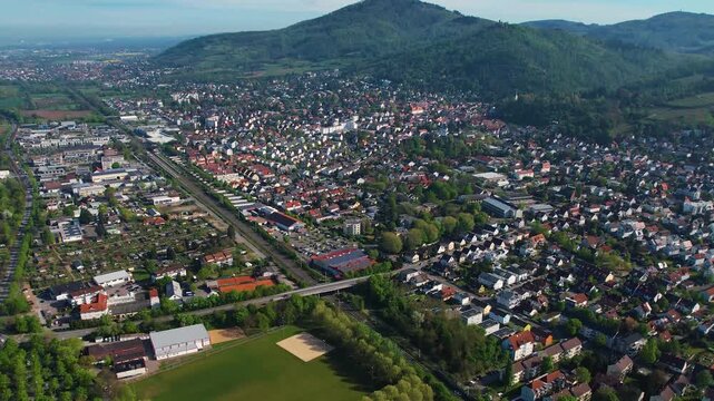 Aerial view around the old town of the city Rohrbach, Germany on a sunny spring day
