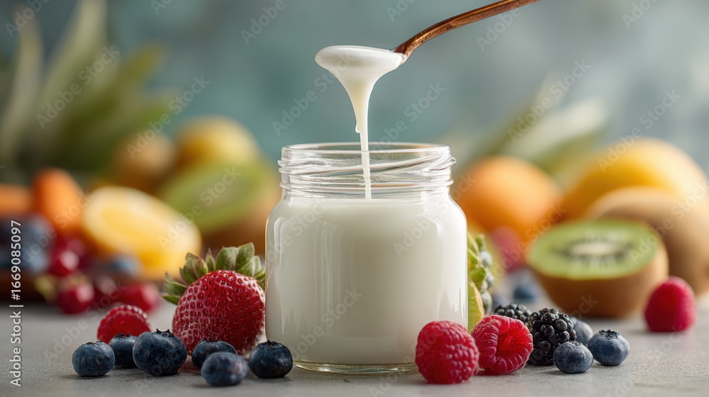 Poster refreshing probiotic drink poured into a transparent jar with the background softly blurring vibrant