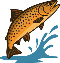 Fototapeta premium A brown trout leaps from an autumn river, creating a splash amidst vibrant fall foliage in a serene natural setting