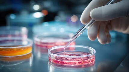 Detailed medium shot of a researcher pipetting stem cells into culture dishes sharp focus on hand and cells soft blur of laboratory instruments representing Batten disease cellular