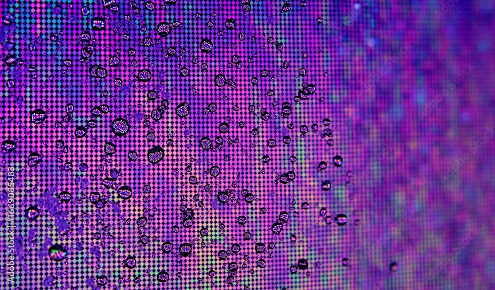 Poster close-up view of water droplets on a vibrant purple, gridded surface. the droplets vary in size and 