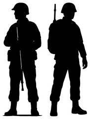 Silhouettes of Two Soldiers Holding Weapons, Isolated on White Background