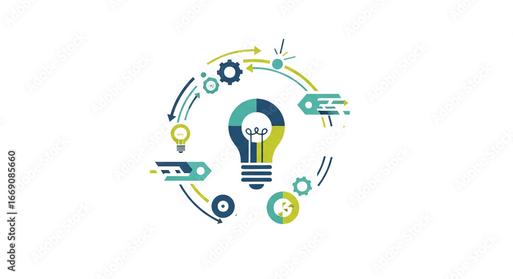 Aufkleber lightbulb icon surrounded by arrows and gears depicts a circular process with teal and yellow on a i