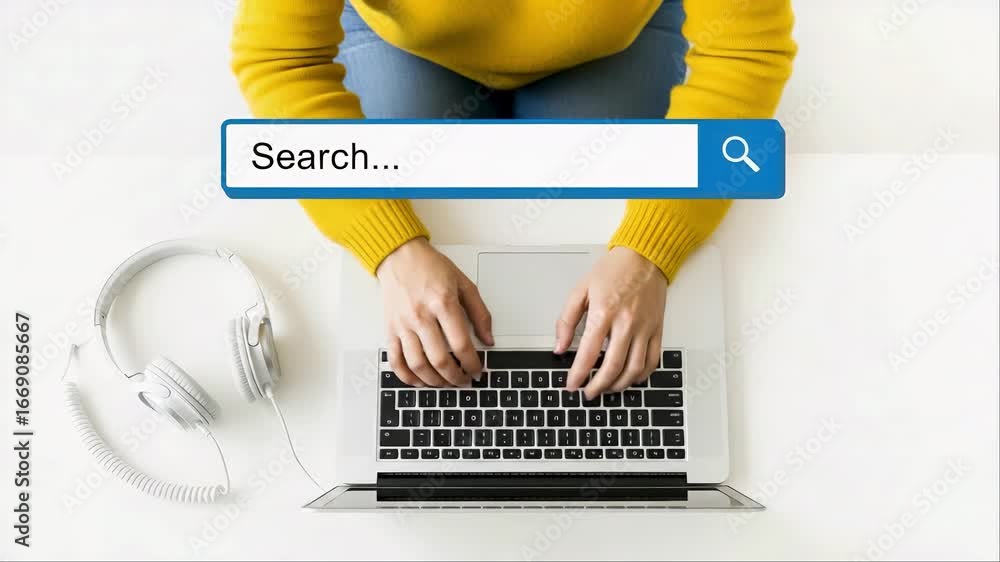 Poster A person types on a laptop keyboard while searching the internet for information.