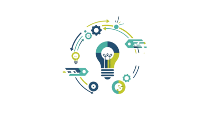 Lightbulb icon surrounded by arrows and gears depicts a circular process with teal and yellow on a isolated background.