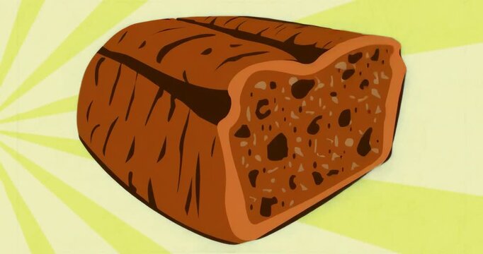 Bright yellow stripes fanning out behind brown loaf slice bursting while emphasizing slice centered
