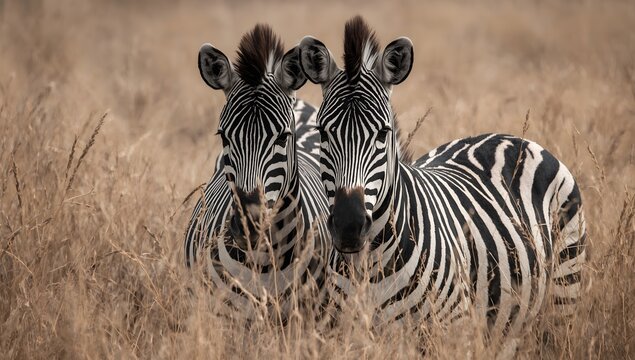 A wild striped zebra foal with its mother in the tall grass of the Kenya savanna