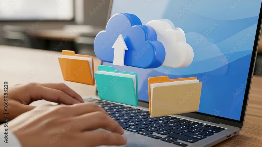 Poster cloud storage and data upload concept, as a person works on a laptop.