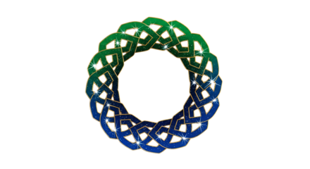 Celtic knot graphic transitions from green to blue gradient with gold trim and glittery sparkles on a isolated background.