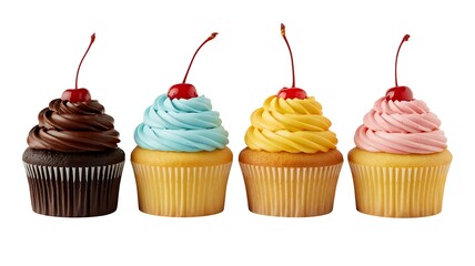 Colorful Cupcakes with Cherry Toppings on White Background Delicious Treats for Celebrations Sweet Desserts Pastry Delights