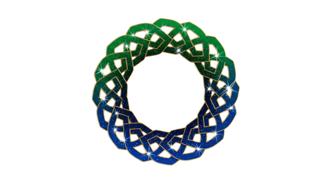 Celtic knot graphic transitions from green to blue gradient with gold trim and glittery sparkles on a isolated background.
