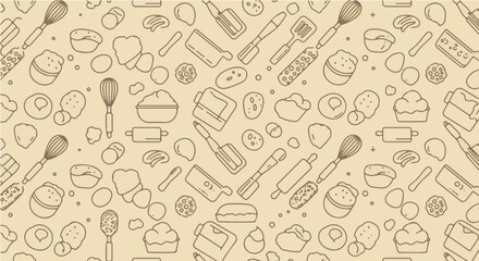 Cherry popover period vector seamless baking pattern with kitchen utensils and baking ingredients for culinary themed backgrounds design