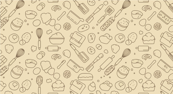 Cherry popover period vector seamless baking pattern with kitchen utensils and baking ingredients for culinary themed backgrounds design
