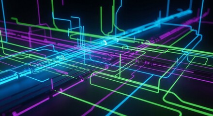 Abstract network of glowing neon lines in vibrant blue green and purple colors on a dark background