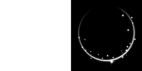 Glowing white crescent moon with sparkles, left transparent and right black background  © imak