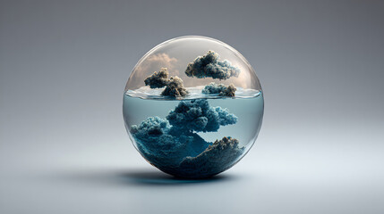 Fototapeta premium Miniature world in a clear glass sphere featuring islands, trees, and water, symbolizing environmental protection and global sustainability.