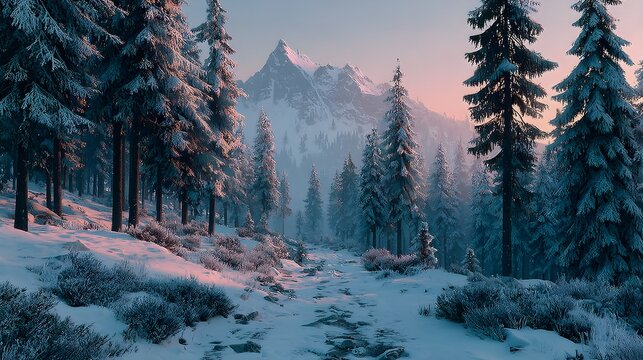 Snowy Mountain Forest Path-Golden sunset snowy pine forest panoramic background