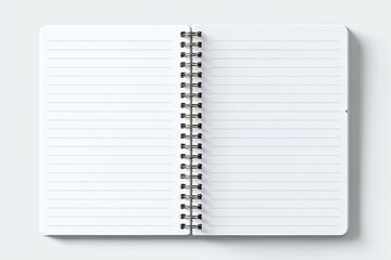 Open spiral notebook, blank pages, white background, studio shot; ideal for note-taking
