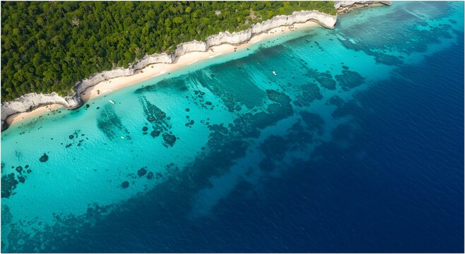 Aerial Top Down View of Limestone Cliffs and Turquoise Lagoon Hatta Island Banda