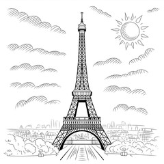Obraz premium Eiffel Tower hand drawn sketch Paris cityscape with clouds and sun artistic illustration landmark European travel architecture design vector illustration black and white image