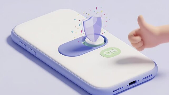 Claymorphism phone with a giant squishy toggle clicks to ON as a glossy shield pops, a playful yet clear depiction of consent in a bright soft-box look